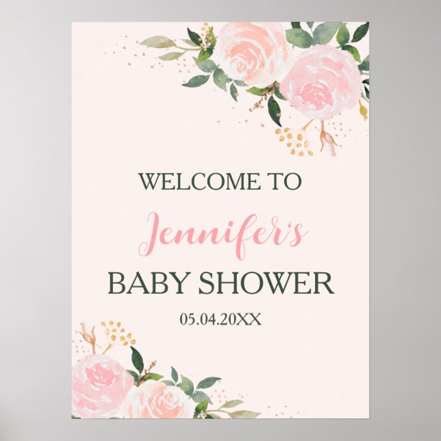 Póster Bienvenidos a Baby Shower con flores rosadas (Frente)