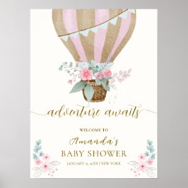 Póster Bienvenidos a Baby Shower con globo aerostático ro