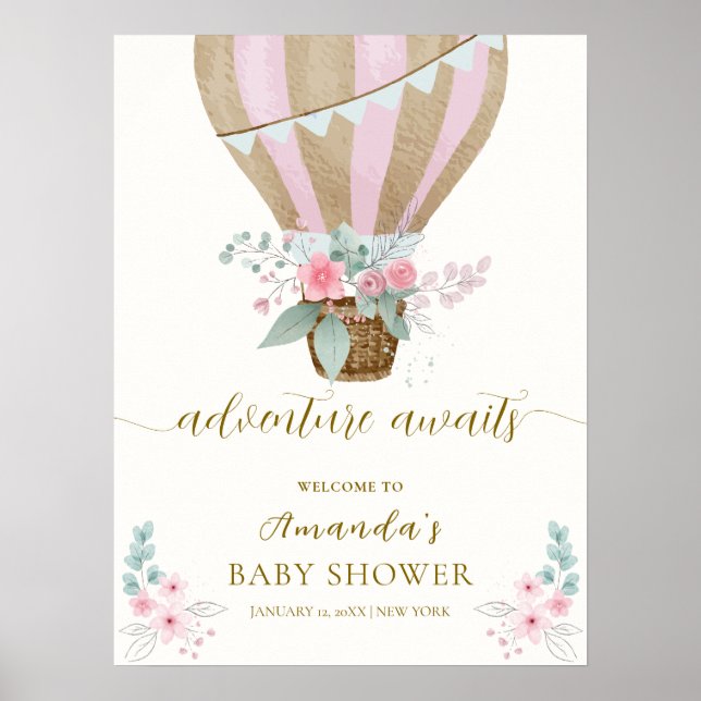 Póster Bienvenidos a Baby Shower con globo aerostático ro (Frente)