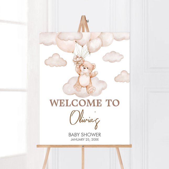 Póster Bienvenidos a Baby Shower con globo Bebé Marrón (Brown Bear Balloon Bearly Wait Baby Shower Welcome Sign)