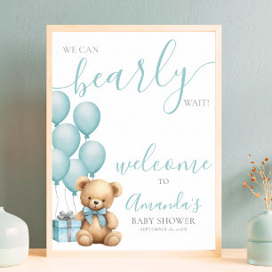 Póster Bienvenidos a Baby Shower con globo Blue Teddy Bea