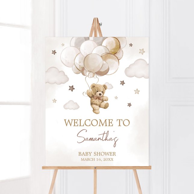 Póster Bienvenidos a Baby Shower con globo pardo (Gender Neutral Bear Balloon Baby Shower Welcome Sign)