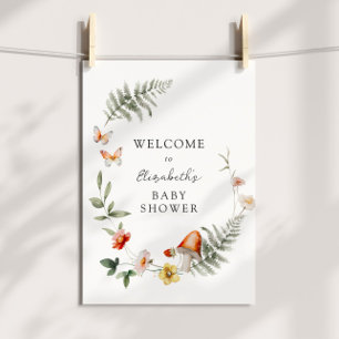 Póster Bienvenidos a Baby Shower con hongos forestales en