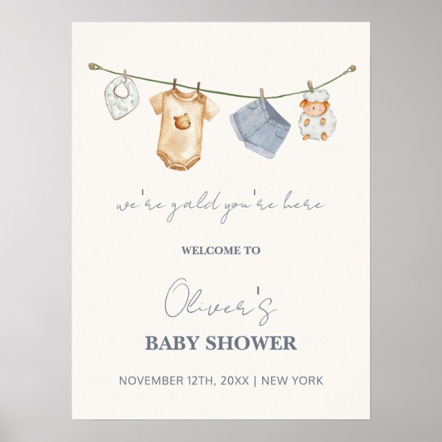 Póster Bienvenidos a Baby Shower con la línea de ropa de  (Frente)