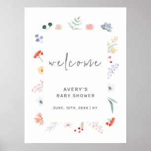 Póster Bienvenidos a Baby Shower con marco de flores silv