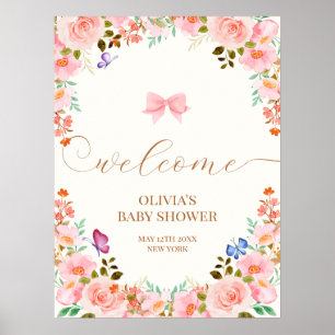 Póster Bienvenidos a Baby Shower con mariposa floral en B