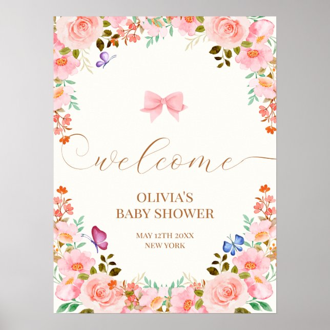 Póster Bienvenidos a Baby Shower con mariposa floral en B (Frente)