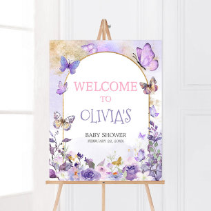 Póster Bienvenidos a Baby Shower con mariposa floral enca
