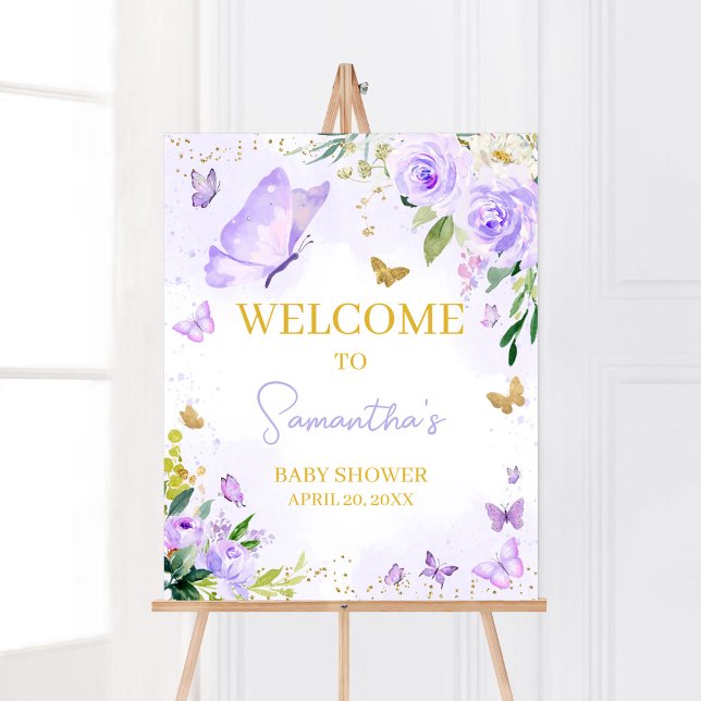 Póster Bienvenidos a Baby Shower con mariposa morada (Girl Floral Butterfly Baby Shower Welcome Sign)