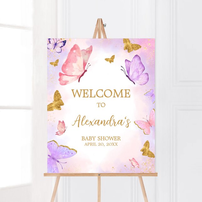 Póster Bienvenidos a Baby Shower con mariposa púrpura y d (Boho Butterfly Baby Shower Welcome Sign)