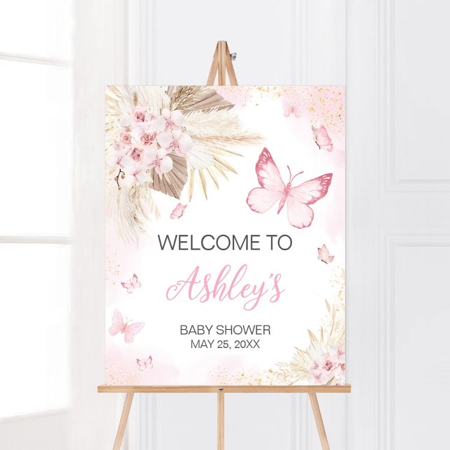 Póster Bienvenidos a Baby Shower con mariposa rosa (Girl Butterfly Pampas Grass Baby Shower Welcome Sign)