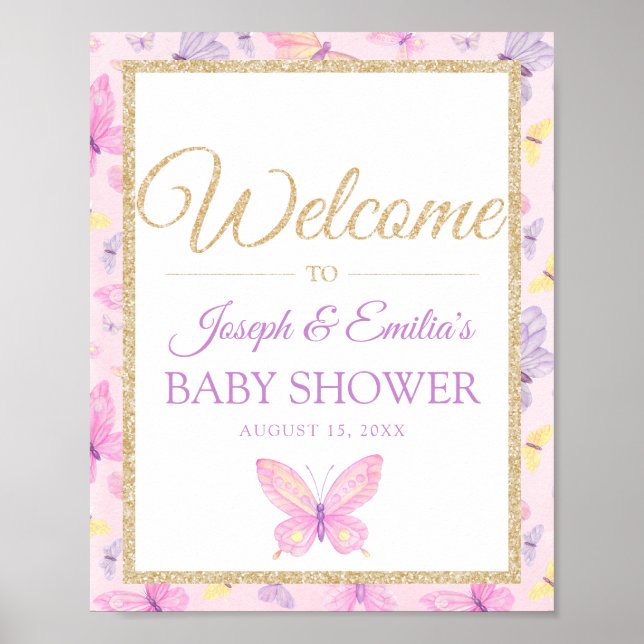 Póster Bienvenidos a Baby Shower con mariposa rosa y mora (Frente)