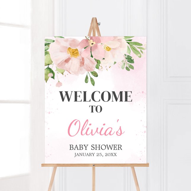 Póster Bienvenidos a Baby Shower con Primavera Floral Ros (Blush Pink Spring Floral Baby Shower Welcome Sign)