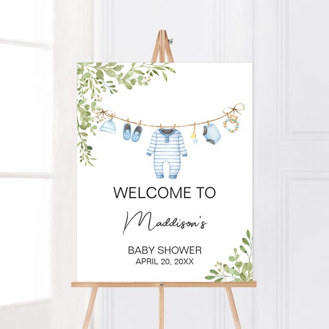 Póster Bienvenidos a Baby Shower con ropa de bebé azul (Boho Baby Clothes Baby Shower Welcome Sign)