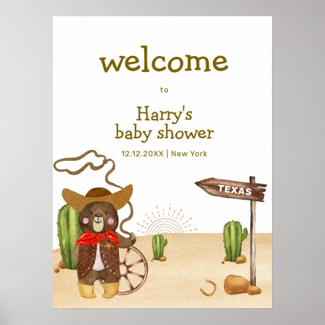 Póster Bienvenidos a Baby Shower Cowboy Bear Western Cact (Frente)