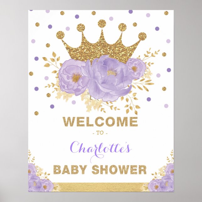 Póster Bienvenidos a Baby Shower Crown Princess Purple Fl (Frente)