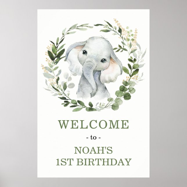 Póster Bienvenidos a Baby Shower Cute Greenery Elephant (Frente)