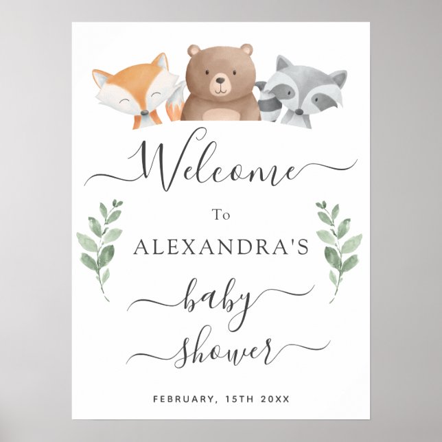 Póster Bienvenidos a Baby Shower Cute Woodland Animals (Frente)