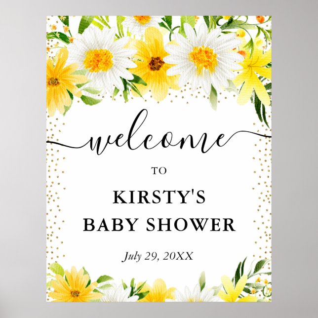 Póster Bienvenidos a Baby Shower Daisies and Yellow Flowe (Frente)