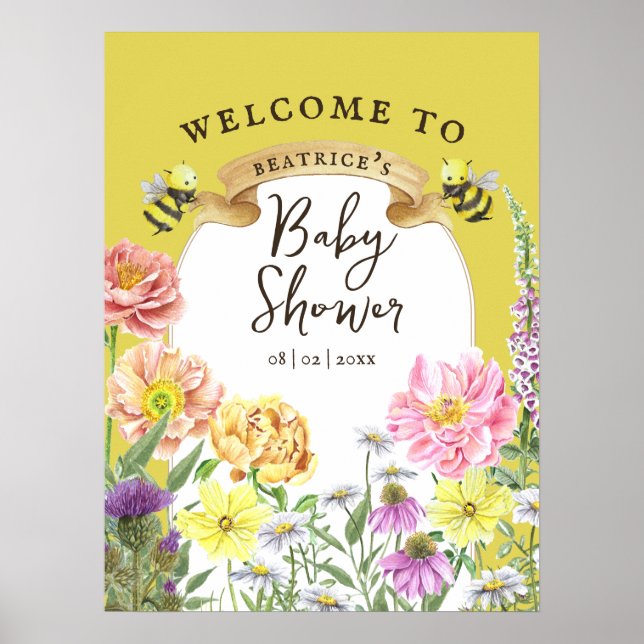 Póster Bienvenidos a Baby Shower de Abeja Amarilla y Flor (Frente)