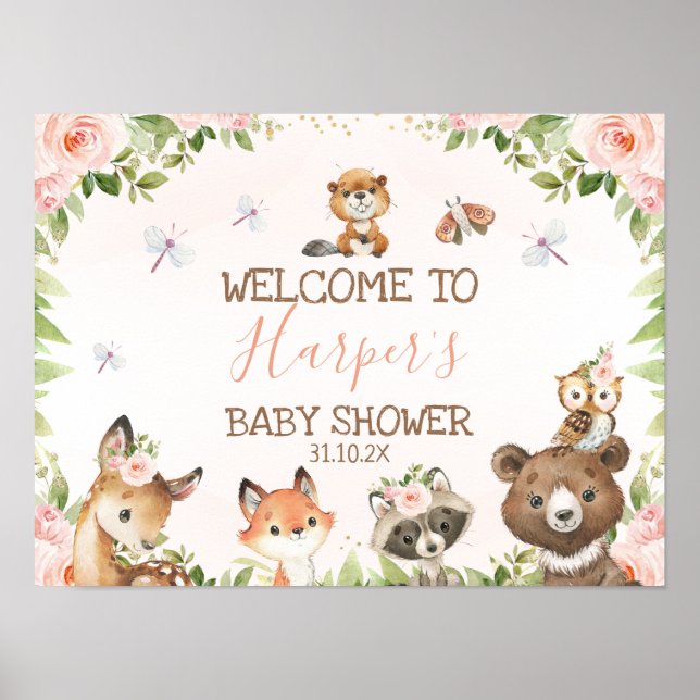 Póster Bienvenidos a Baby Shower de animales de Woodland  (Frente)