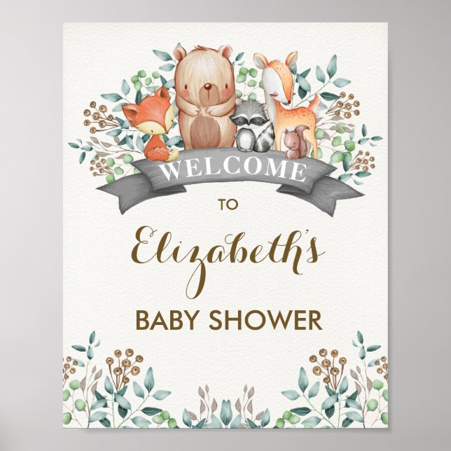 Póster Bienvenidos a Baby Shower de Animales de Woodland (Frente)