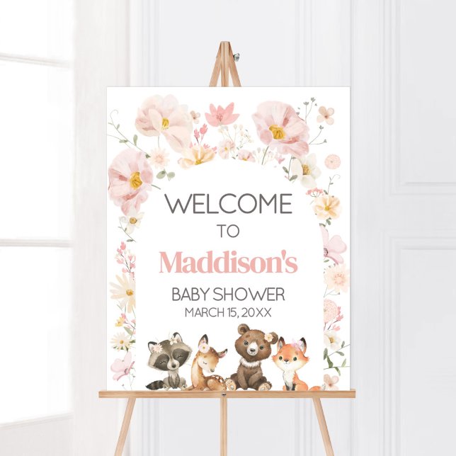 Póster Bienvenidos a Baby Shower de animales de Woodland  (Pink Flower Woodland Animals Baby Shower Welcome Sign)