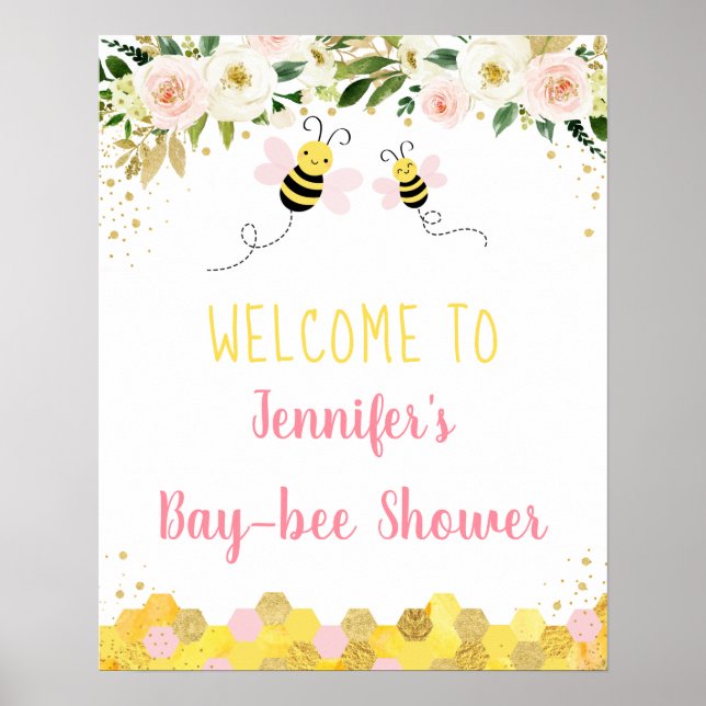 Póster Bienvenidos a Baby Shower de Bee Pink Gold Floral (Frente)