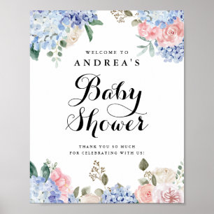 Póster Bienvenidos a Baby Shower de Blue Hydrangeas and P