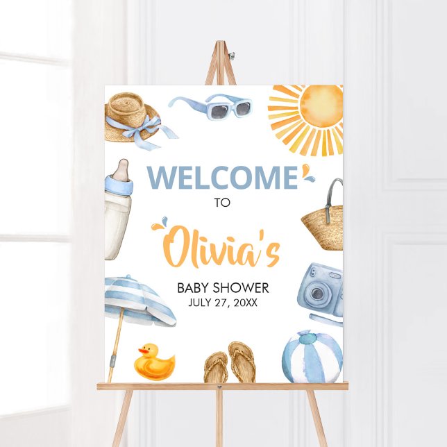 Póster Bienvenidos a Baby Shower de Blue Splish (Boy Summer Beach Baby Shower Welcome Sign)