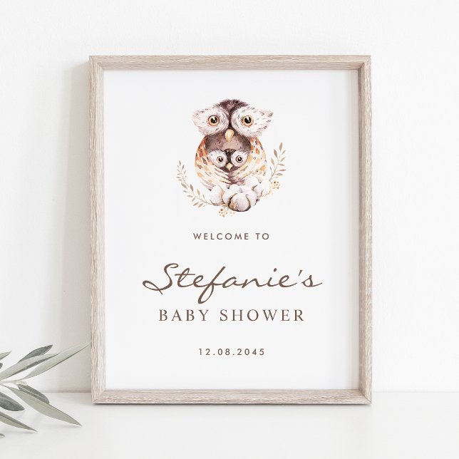 Póster Bienvenidos a Baby Shower de Boho Mami y Baby Owen (Woodland theme baby shower welcome sign featuring watercolor mommy and baby owl. )