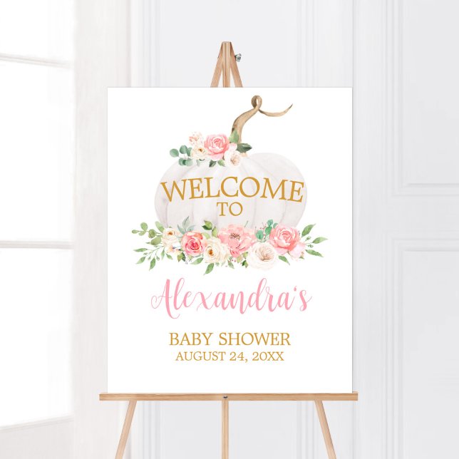 Póster Bienvenidos a Baby Shower de calabaza rosa (Girl Fall A Little Pumpkin Baby Shower Welcome Sign)
