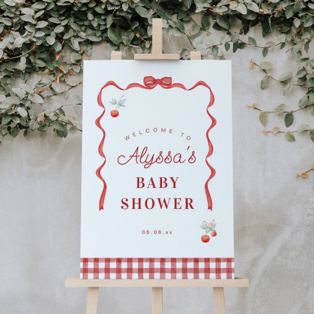 Póster Bienvenidos a Baby Shower de cerezos y cintas roja (Subido por el creador)
