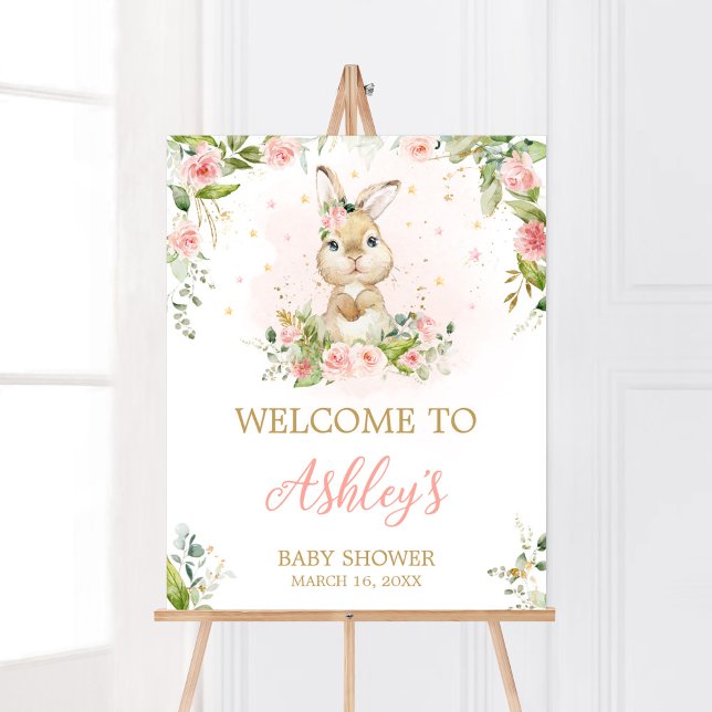 Póster Bienvenidos a Baby Shower de conejito rosa floral (Girl Peter Rabbit Baby Shower Welcome Sign)