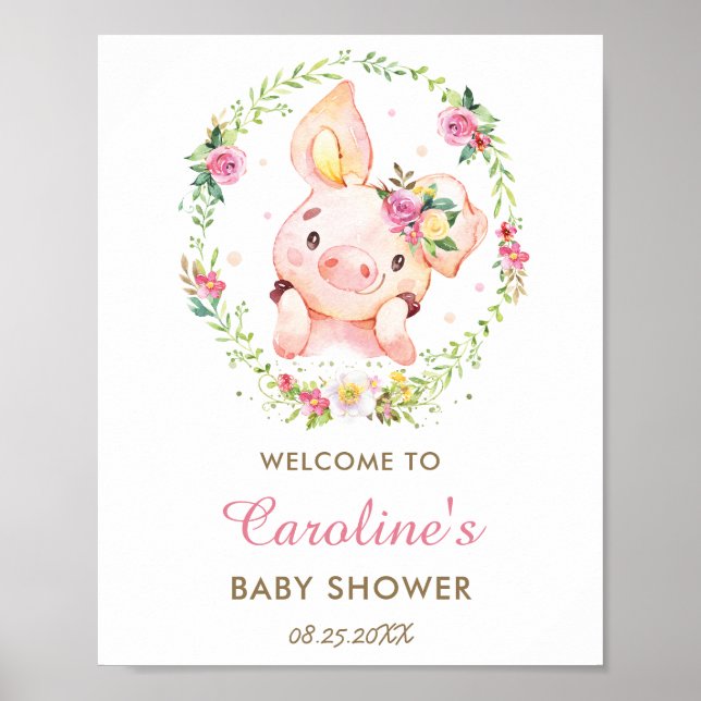 Póster Bienvenidos a Baby Shower de Cuggy Piggy Pink Flor (Frente)