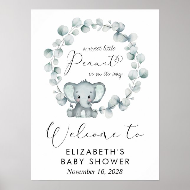 Póster Bienvenidos a Baby Shower de Cute Elephant Eucalyp (Frente)
