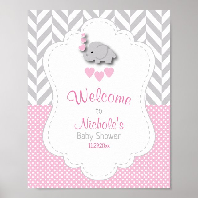 Póster Bienvenidos a Baby Shower de Elefante Gris Blanco  (Frente)