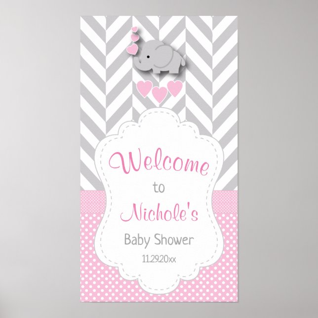 Póster Bienvenidos a Baby Shower de Elefantes Rosa, Blanc (Frente)