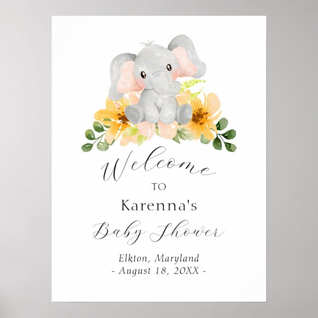 Póster Bienvenidos a Baby Shower de Elephant Floral Moder (Frente)