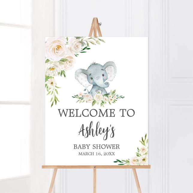 Póster Bienvenidos a Baby Shower de Green Floral White El (A Little Peanut is on the Way Baby Shower Welcome Sign)