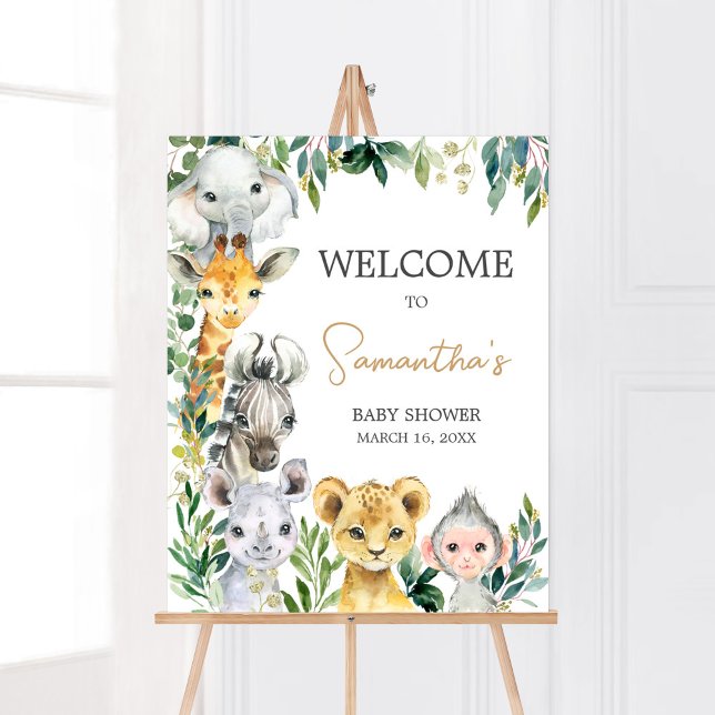 Póster Bienvenidos a Baby Shower de Green Wild One Safari (Safari Baby Shower Welcome Sign)