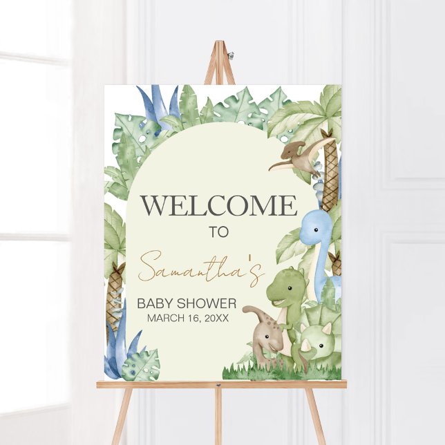 Póster Bienvenidos a Baby Shower de Greenery Dinosaur (Boho Dinosaur Baby Shower Welcome Sign)