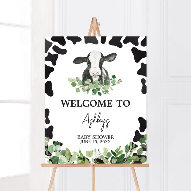 Póster Bienvenidos a Baby Shower de Greenery Holy Cow (Gender Neutral Highland Cow Baby Shower Welcome Sign)