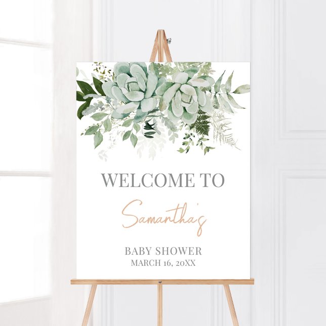 Póster Bienvenidos a Baby Shower de Greenery Succulents (Succulent Gender Neutral Baby Shower Welcome Sign)