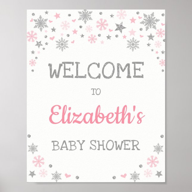 Póster Bienvenidos a Baby Shower de invierno con copo de  (Frente)