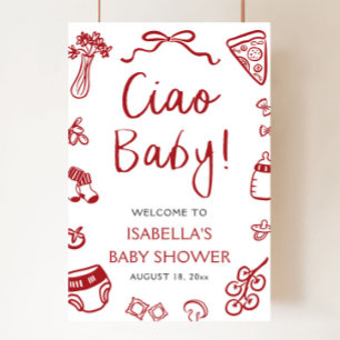 Póster Bienvenidos a Baby Shower de la pizza italiana roj