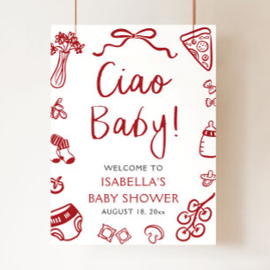 Póster Bienvenidos a Baby Shower de la pizza italiana roj