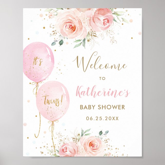 Póster Bienvenidos a Baby Shower de los Gemelos Florales  (Frente)