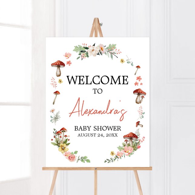 Póster Bienvenidos a Baby Shower de los hongos de flores  (Enchanted Mushroom Baby Shower Welcome Sign)