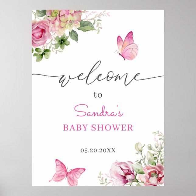 Póster Bienvenidos a Baby Shower de mariposa acuática (Frente)